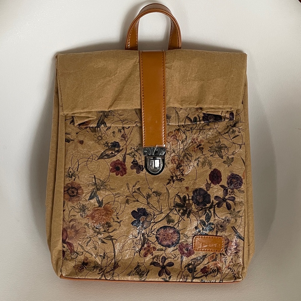 NWT DOSHI Vegan Floral Print Tan Backpack with Vegan Leather Trim
